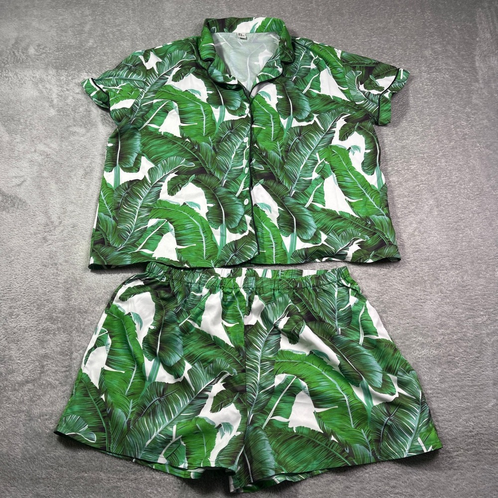 Green Palm‎ Leaf Print Pajama Set Loungewear Sleepwear Tropical Women's XL